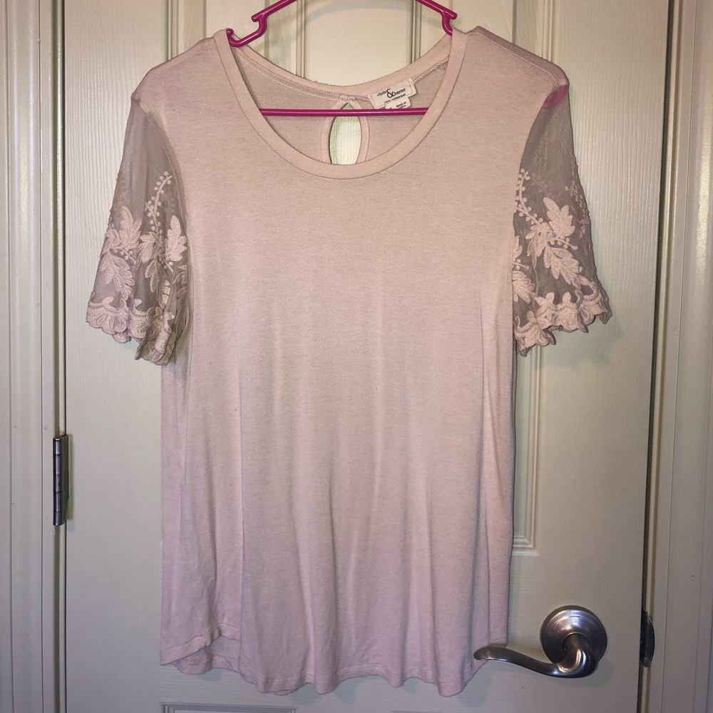 Dressy top with floral sheer sleeves